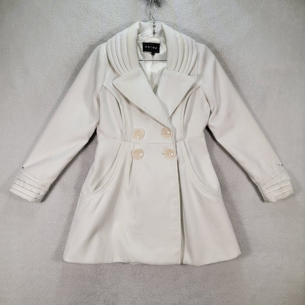 Chime White Twill Pleated Collar Sleek Sexy Academia Fairy Pea Coat Jacket